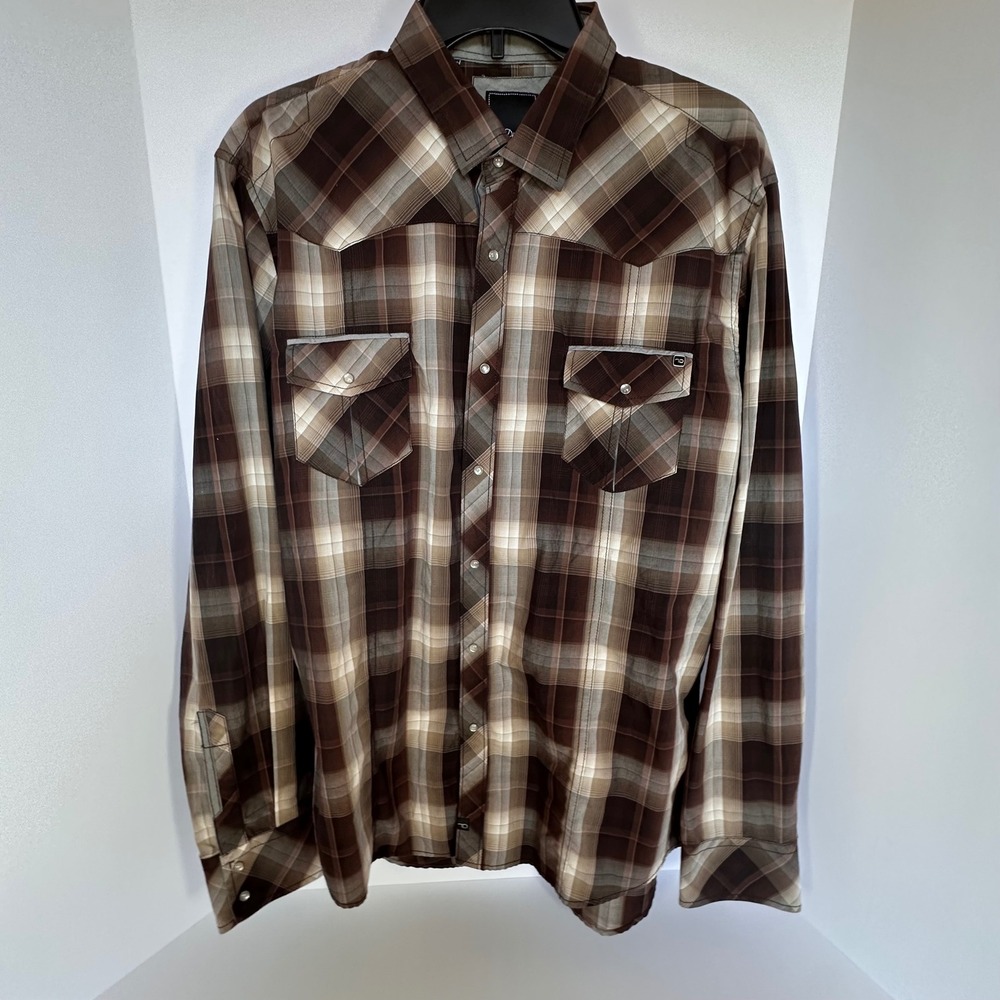 7 Diamonds XL Brown Plaid Long Sleeve Western Snap Front Shirt Menswear‎